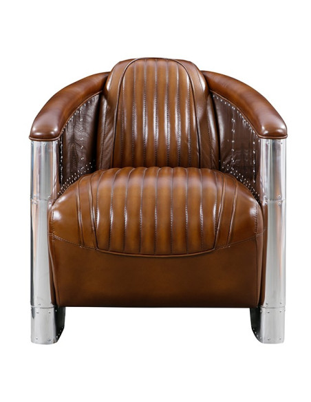 Fauteuil club aviateur en cuir vintage et aluminium riveté