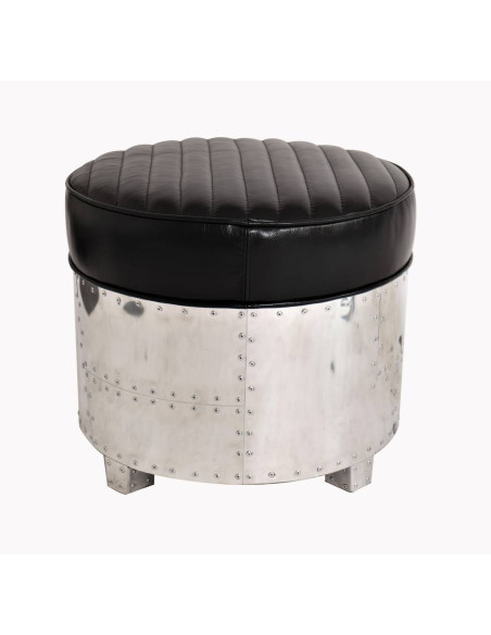 Côté Loges | Pouf aviateur cuir noir et aluminium riveté