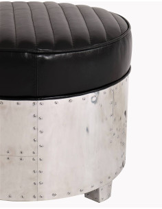 Côté Loges | Pouf aviateur cuir noir et aluminium riveté 2
